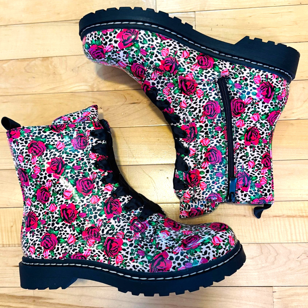 Torrid 11.5WW‎ Wide Betsey Johnson Leopard Rose Faux Leather Combat Punk Boots